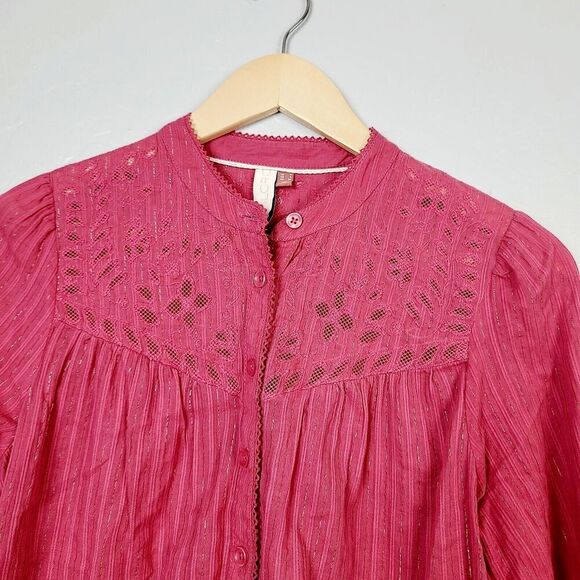 Pilcro Top 4 Raspberry Red Embroidered Lace Metallic Thread Button-Front Blouse - Picture 3 of 11